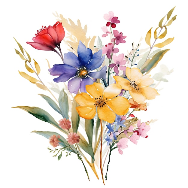 Watercolor colorful wildflowers bouquet isolated on white background