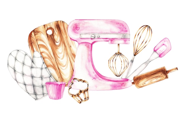 Watercolor composition of baking tools isolated on a white