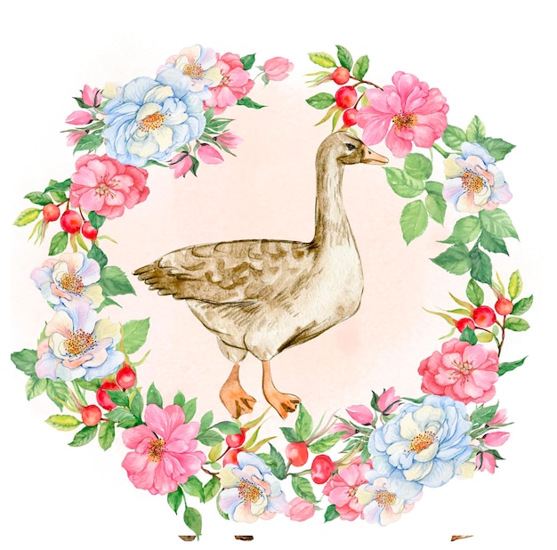 Watercolor composition of an flower frame with goose Handdrawn illustration with watercolour