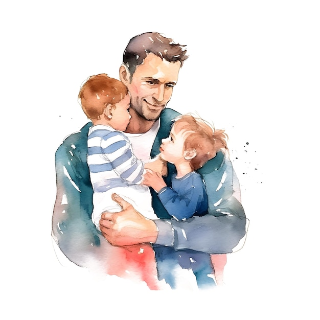 Watercolor composition of loving and caring father with children isolated on white background Single father Generative ai