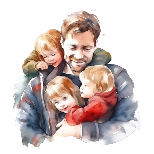 Watercolor composition of loving and caring father with children isolated on white background Single father Generative ai