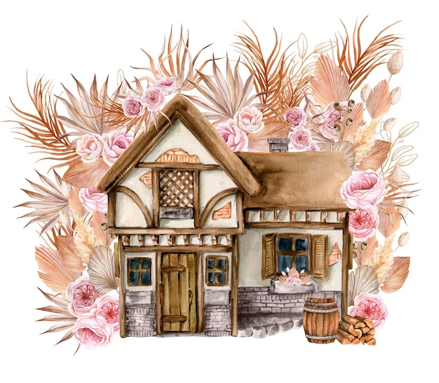 Watercolor composition of an old wooden farm house and pink flower Hand drawn illustration