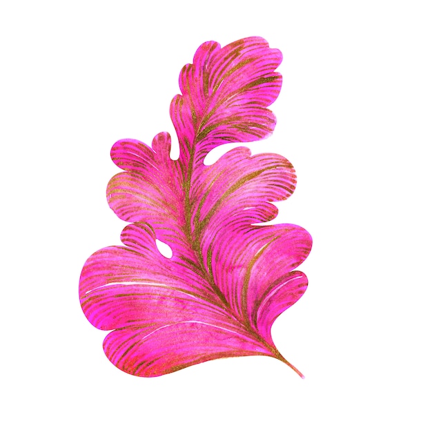 Watercolor composition Pink and gold leaves with curls of a fantasy plant