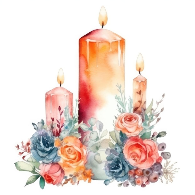 Watercolor composition with a burning candle and flowers