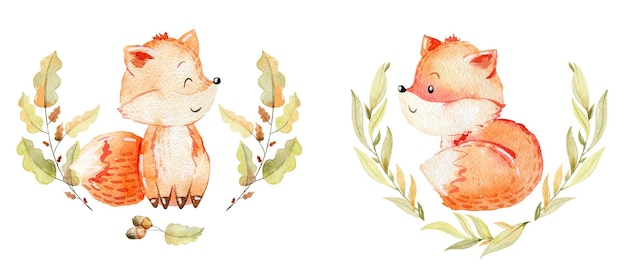 Watercolor composition with cute foxes on a white background Nursery poster