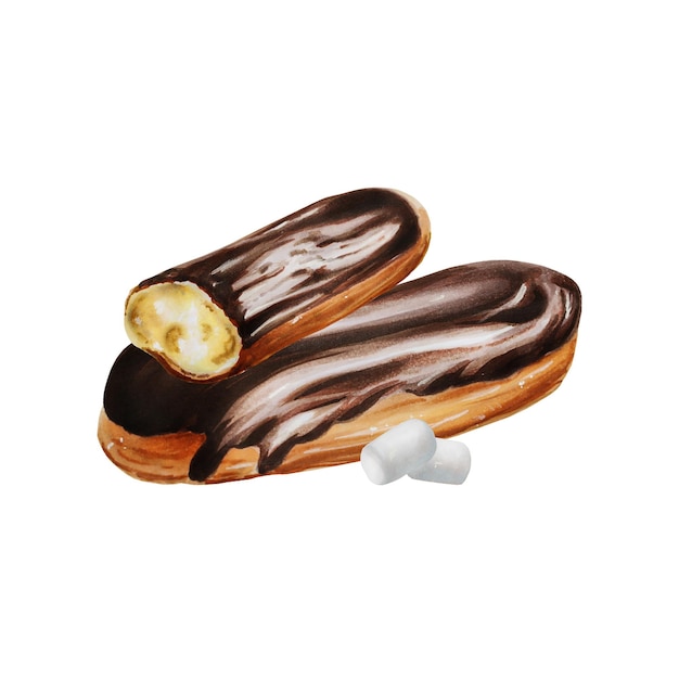 Watercolor composition with eclair in chocolate and marshmallows Hand painting sweet on a white