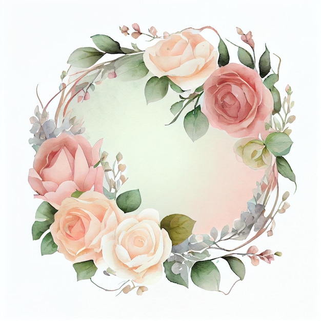 Watercolor composition with floral circle on white background