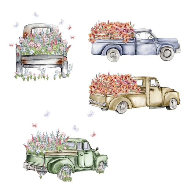 Watercolor composition with flowers and farm car