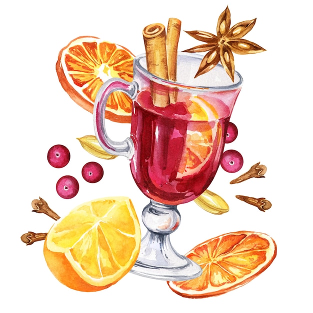 Watercolor composition with a glass of mulled red wine ingredients orange cinnamon berries cloves