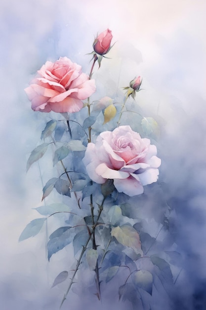 Watercolor composition with pink white color rose and gray leaves