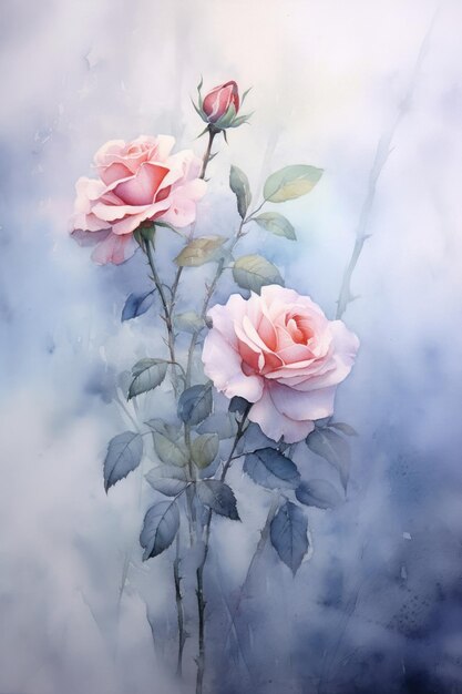 Watercolor composition with pink white color rose and gray leaves