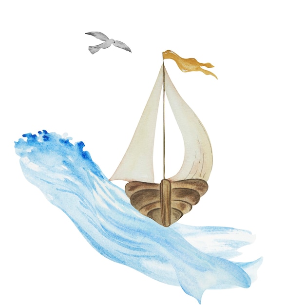 Foto composizione acquerello con una barca a vela sulle onde e un gabbiano tema marino disegnato a mano
