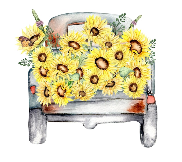 Watercolor composition with sunflowers and farm car