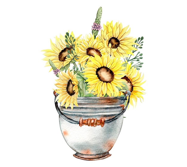 Watercolor composition with sunflowers and old rusty garden tools