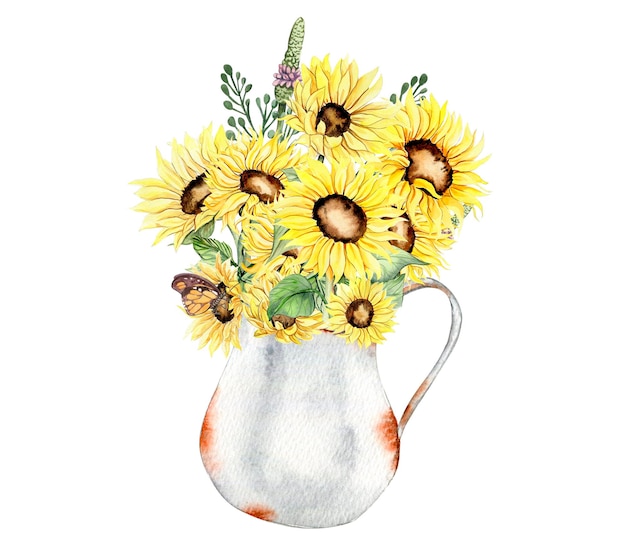 Watercolor composition with sunflowers and old rusty garden tools