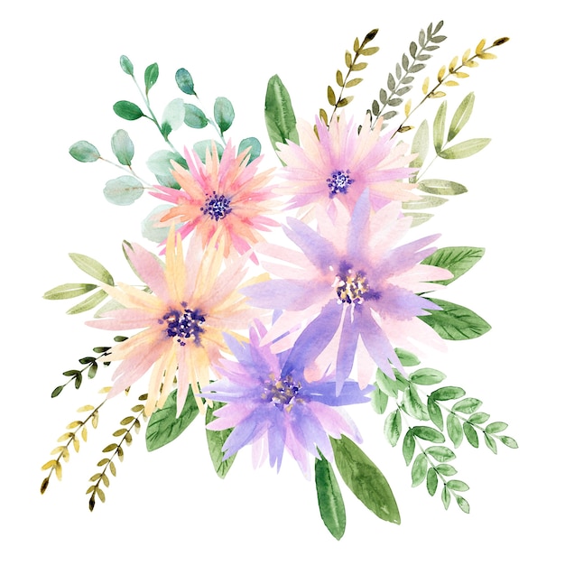 Watercolor composition with various decorative flowers and leaves