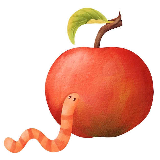 Photo watercolor composition a worm with an apple ideal for childrens books posters invitations and other