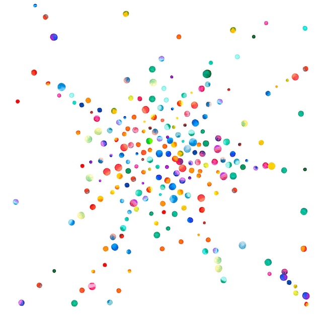 白い背景の水彩紙吹雪。実際の虹色のドット。幸せなお祝いの正方形のカラフルな明るいカード。上質な手描きの紙吹雪。