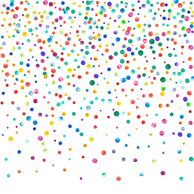 Watercolor confetti on white background. Admirable rainbow colored dots. Happy celebration square colorful bright card. Fair hand painted confetti.