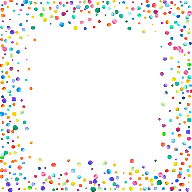 Watercolor confetti on white background. Admirable rainbow colored dots. Happy celebration square colorful bright card. Likable hand painted confetti.