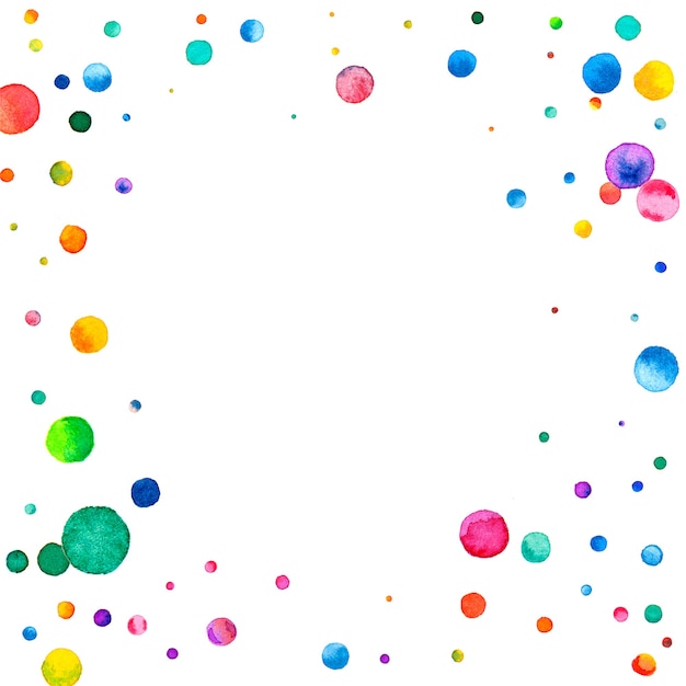 Watercolor confetti on white background. admirable rainbow\
colored dots. happy celebration square colorful bright card.\
noteworthy hand painted confetti.