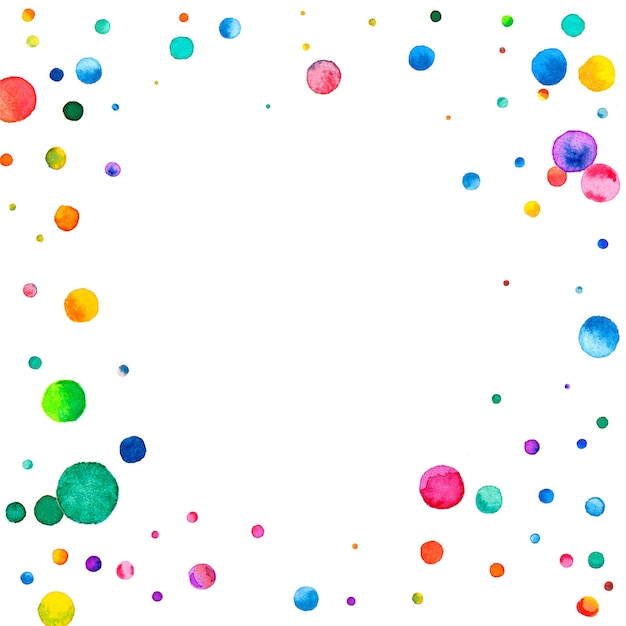 Watercolor confetti on white background. admirable rainbow
colored dots. happy celebration square colorful bright card.
noteworthy hand painted confetti.