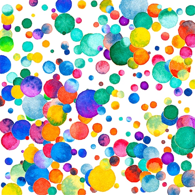 Watercolor confetti on white background. Adorable rainbow colored dots. Happy celebration square colorful bright card. Curious hand painted confetti.