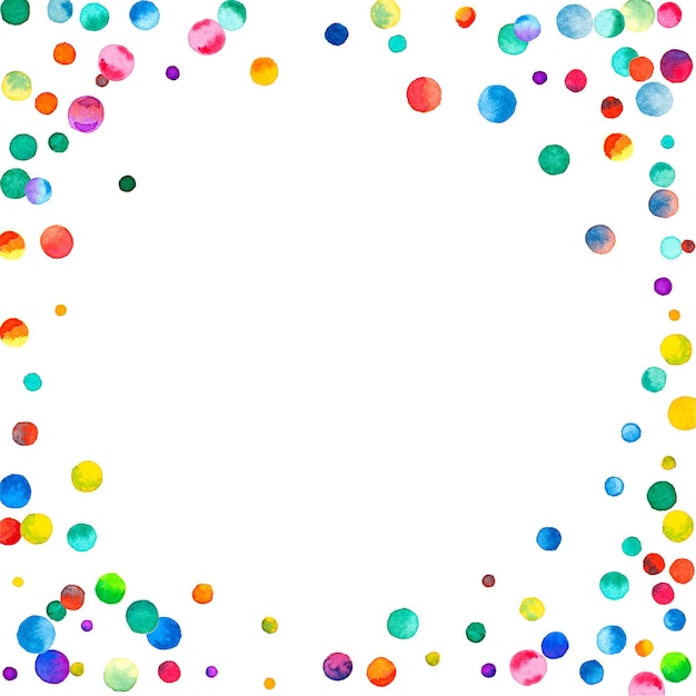 Watercolor confetti on white background. Adorable rainbow colored dots. Happy celebration square colorful bright card. Noteworthy hand painted confetti.