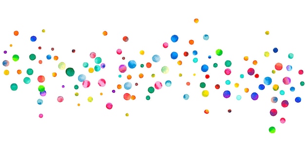 Watercolor confetti on white background. Adorable rainbow colored dots. Happy celebration wide colorful bright card. Interesting hand painted confetti.