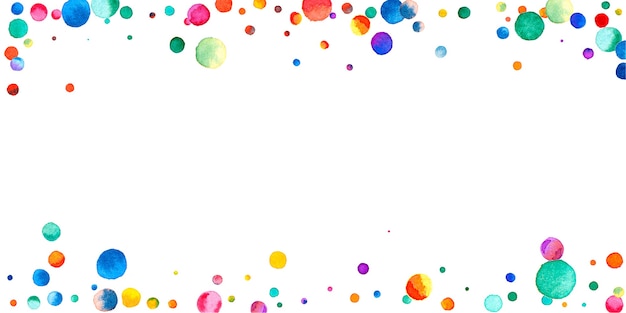 Watercolor confetti on white background. Alluring rainbow colored dots. Happy celebration wide colorful bright card. Curious hand painted confetti.