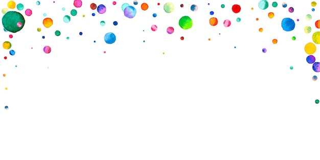 Watercolor confetti on white background. Alluring rainbow colored dots. Happy celebration wide colorful bright card. Elegant hand painted confetti.