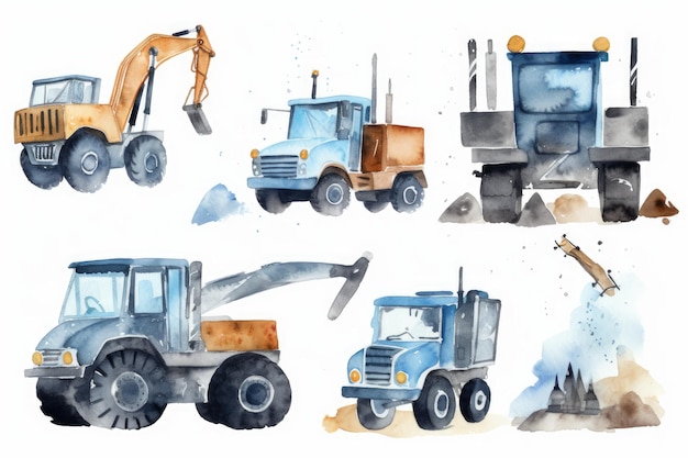 Watercolor construction vehicles for a boy's Birthday on white background AI generated