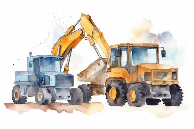 Watercolor construction vehicles for a boy's Birthday on white background AI generated