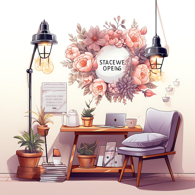 Watercolor Content Creator Room With a Youtube Plaque Ring Light Motiva Clipart on White BG Ink