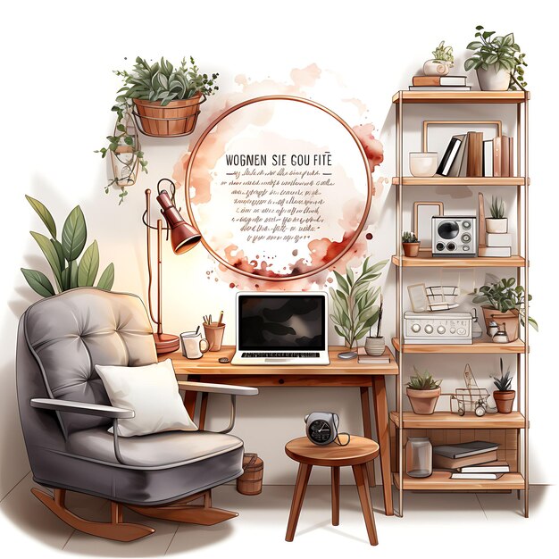 Watercolor Content Creator Room With a Youtube Plaque Ring Light Motiva Clipart on White BG Ink