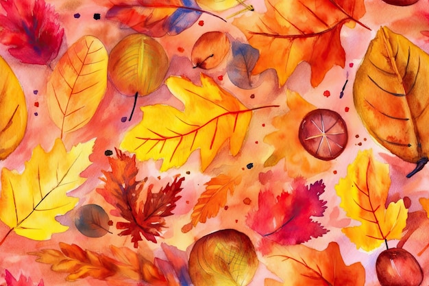 Watercolor continuous pattern of autumn leaves backdrop of autumnal plants Illustration of plants painted by hand