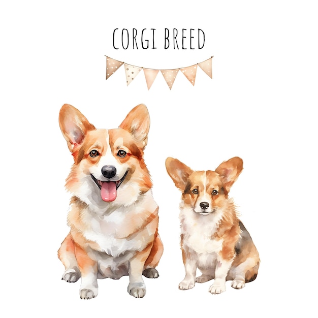 코르기 품종의 성인 개와 강아지 수채화 개 컬렉션