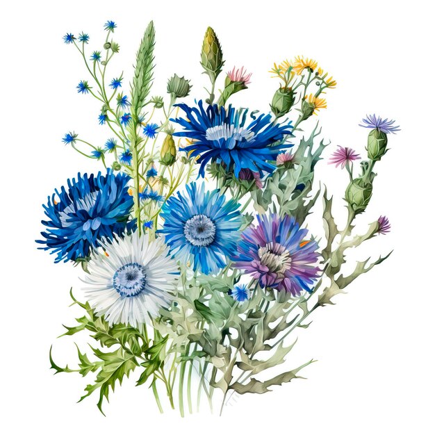 Watercolor cornflower bouquet Botanical illustration Generative ai