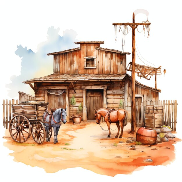 watercolor corral western wild west cowboy desert illustration clipart