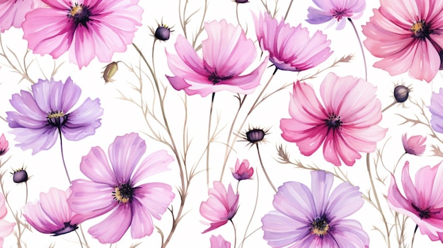 Watercolor cosmos flower seamless pattern white background AI Generated art