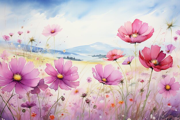 Watercolor cosmos meadow flowers field with sky background summer spring flower art illustration