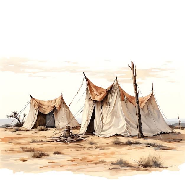 Watercolor Cottage of Tattered Tents Patched Fabric Flags Muted Pastel Shades Dry Art 2D Vector