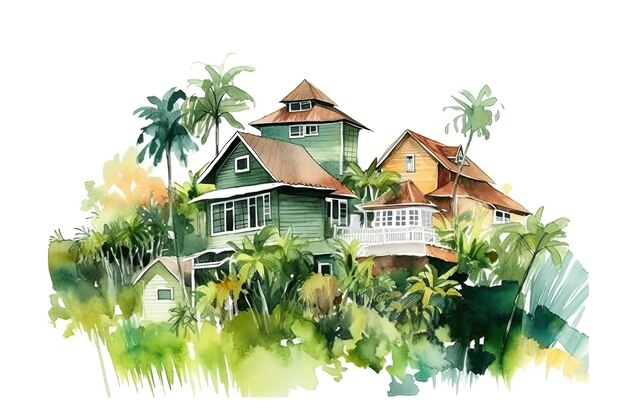 Watercolor cottages in tropical forest illustration