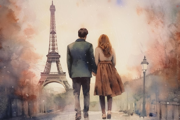 Watercolor couple of lovers holding hands against the backdrop of the Eiffel Tower Generative ai