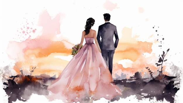 Watercolor couple silhouette against sunset romantic wedding concept