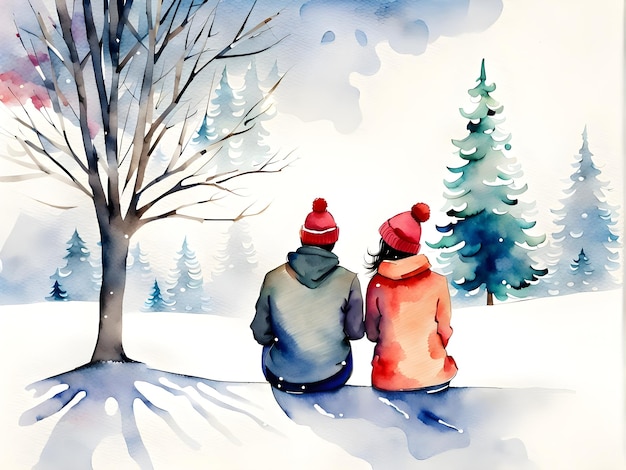 Watercolor couple sitting in the forest together from the back background