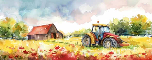 Photo watercolor cover illustration for adults tranquil farm scene with a tractor barn and bold flower frame