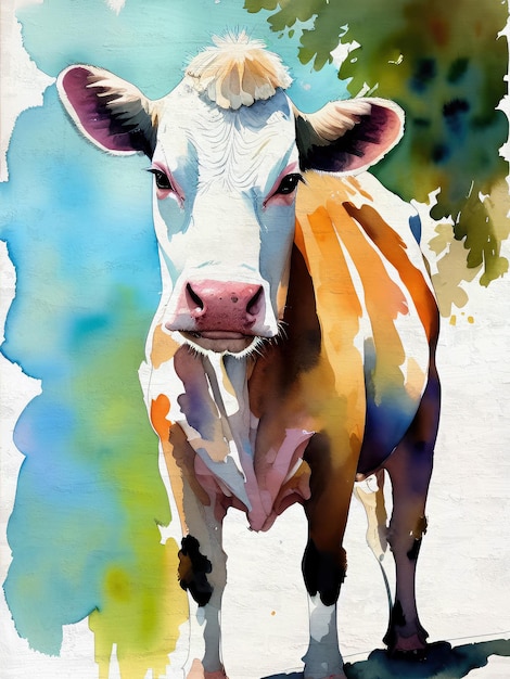 Photo watercolor cow abstract painting contemporary art mid century modern design