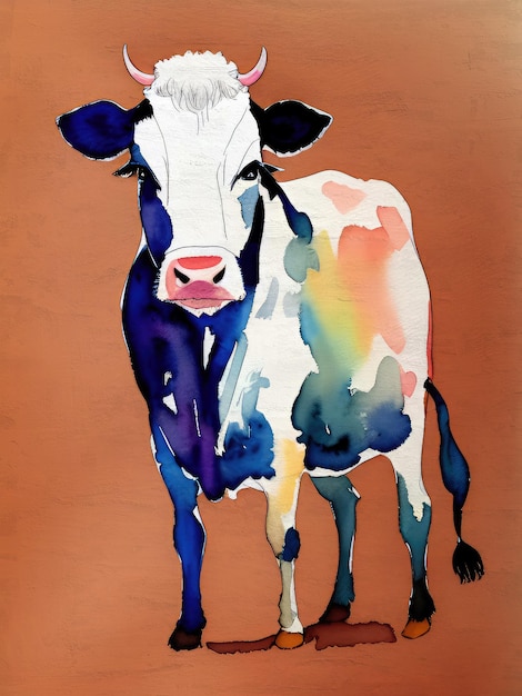 Photo watercolor cow abstract painting contemporary art mid century modern design