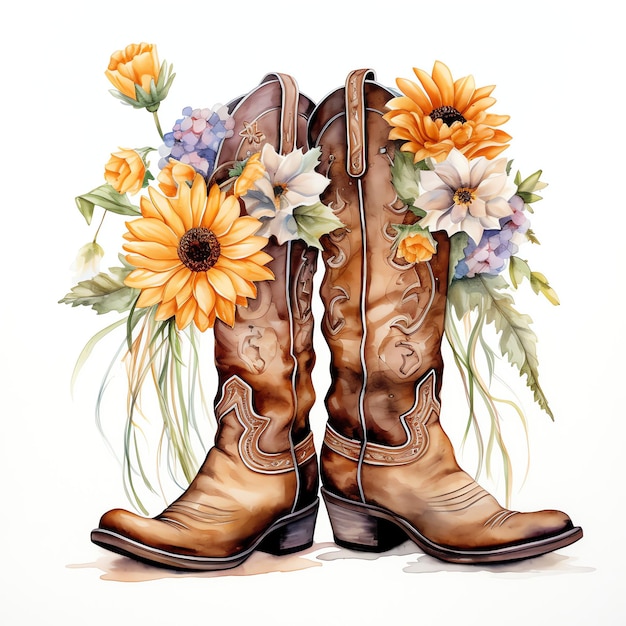 watercolor cowgirl boots pair with flowers western wild west cowboy desert illustration